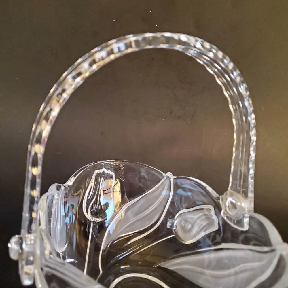 90s Mikasa Nadine Frosted Tulip Elegant Polished Glass Basket Acrylic Handle Vtg